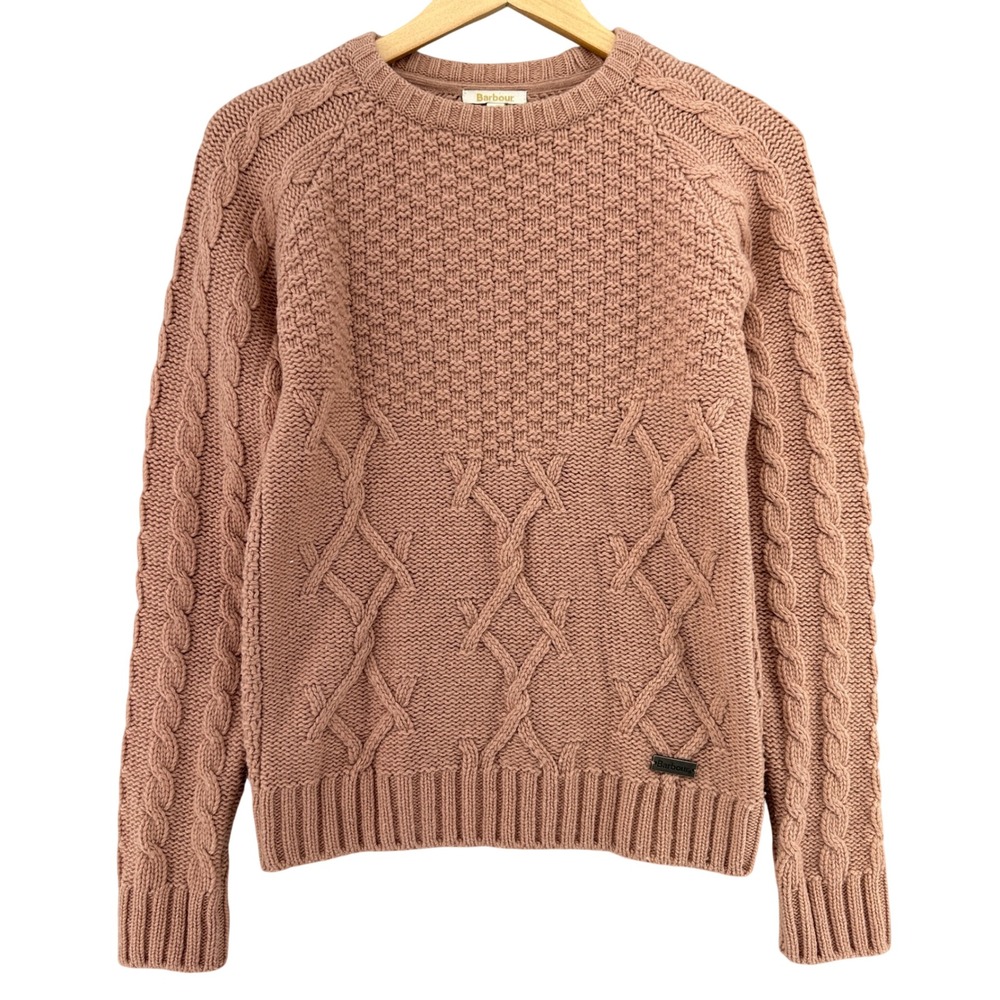 Barbour Womens Dusty Rose Pink Cable Knit Textured Cotton Crew Neck Sweater 10